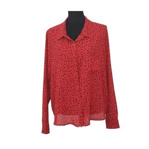 Abound Red Black Print Long Sleeve Collar Top Blouse Size XXL